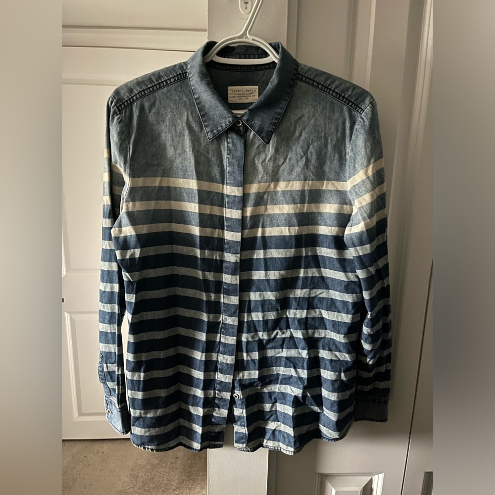 Esprit | Denim Long Sleeve Striped Button Down Shirt | Size Small